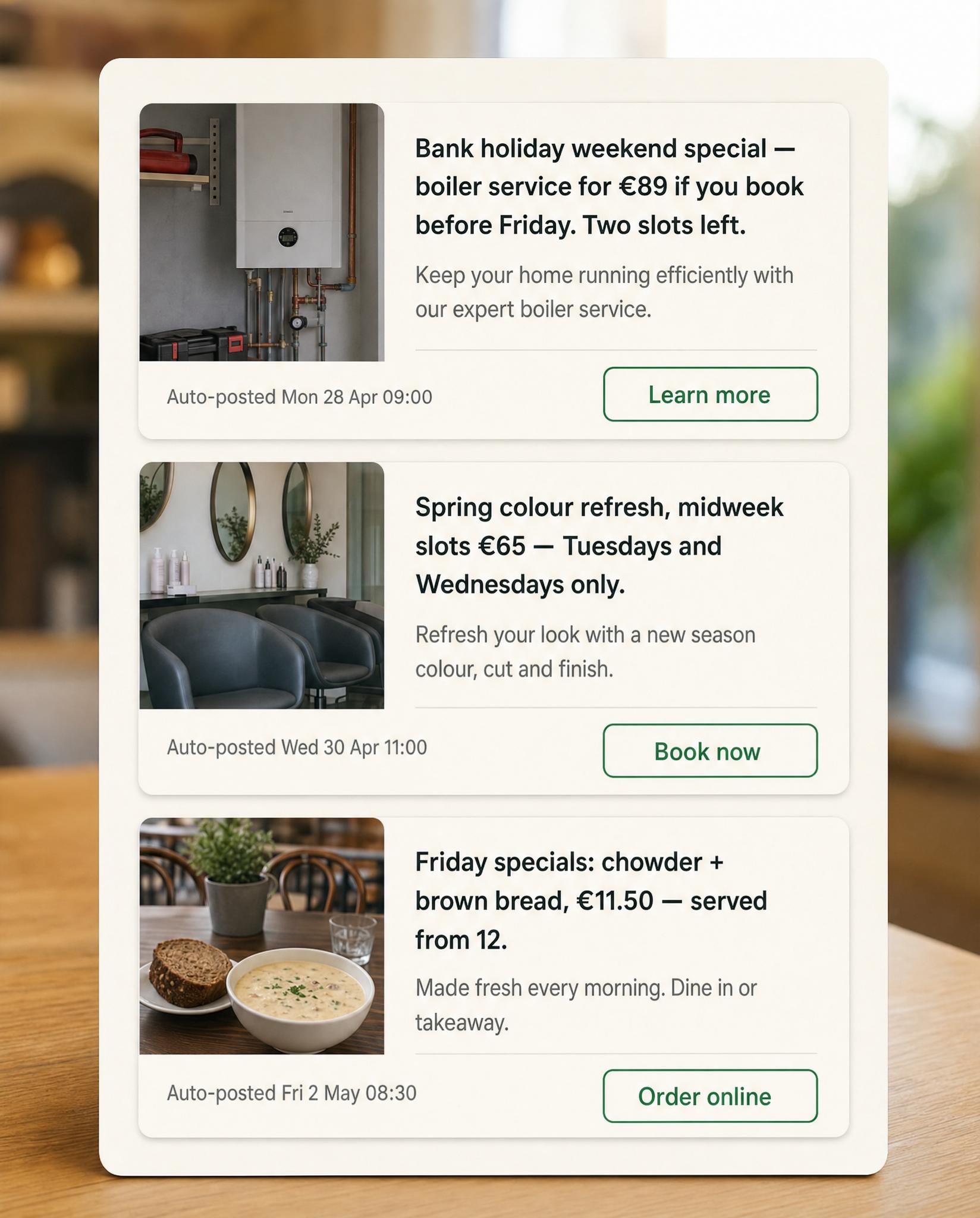 Three Google Business Profile posts stacked for different trades, showing offers and opening hours.