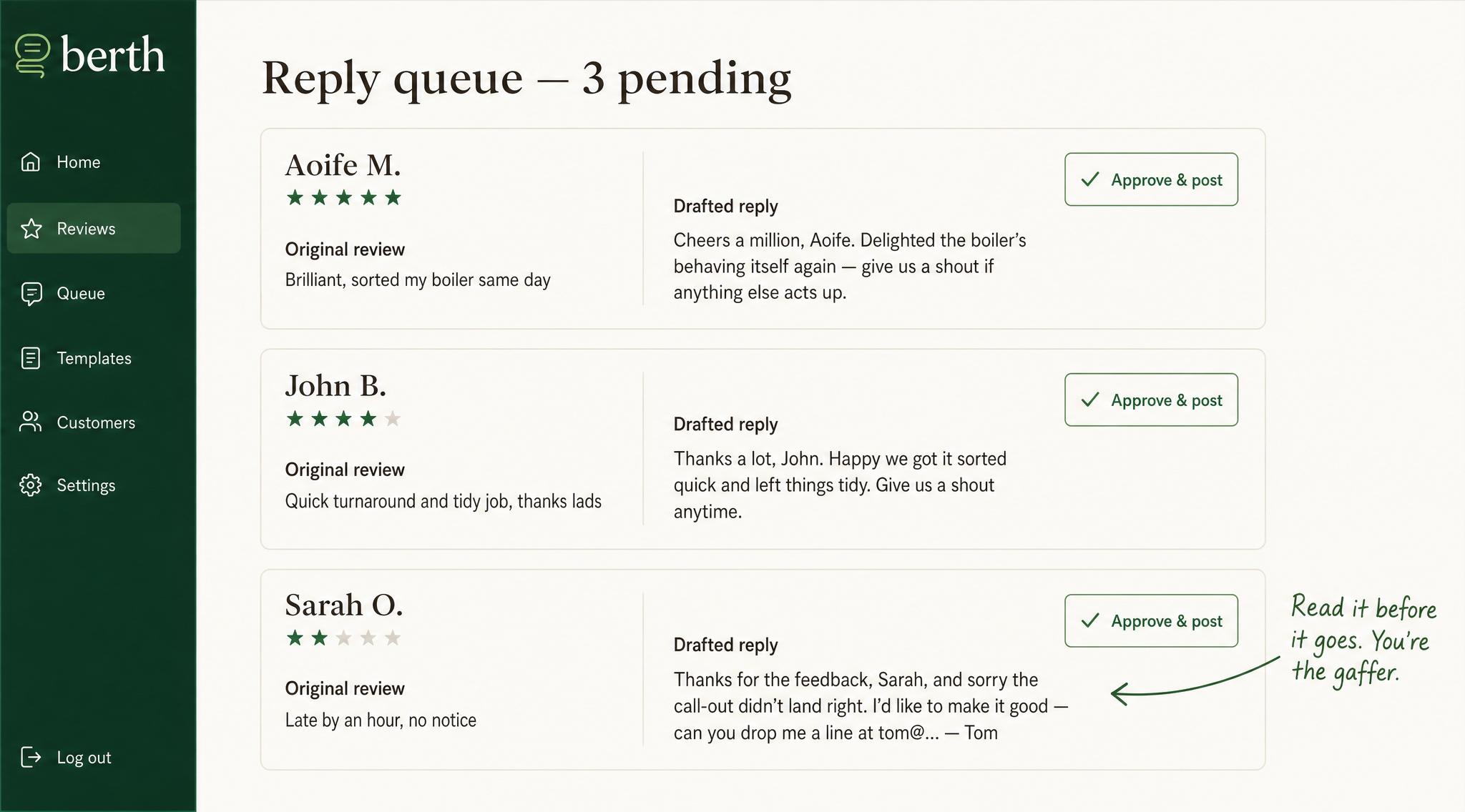 An approval queue showing three pending Google review replies drafted in the owner's voice.