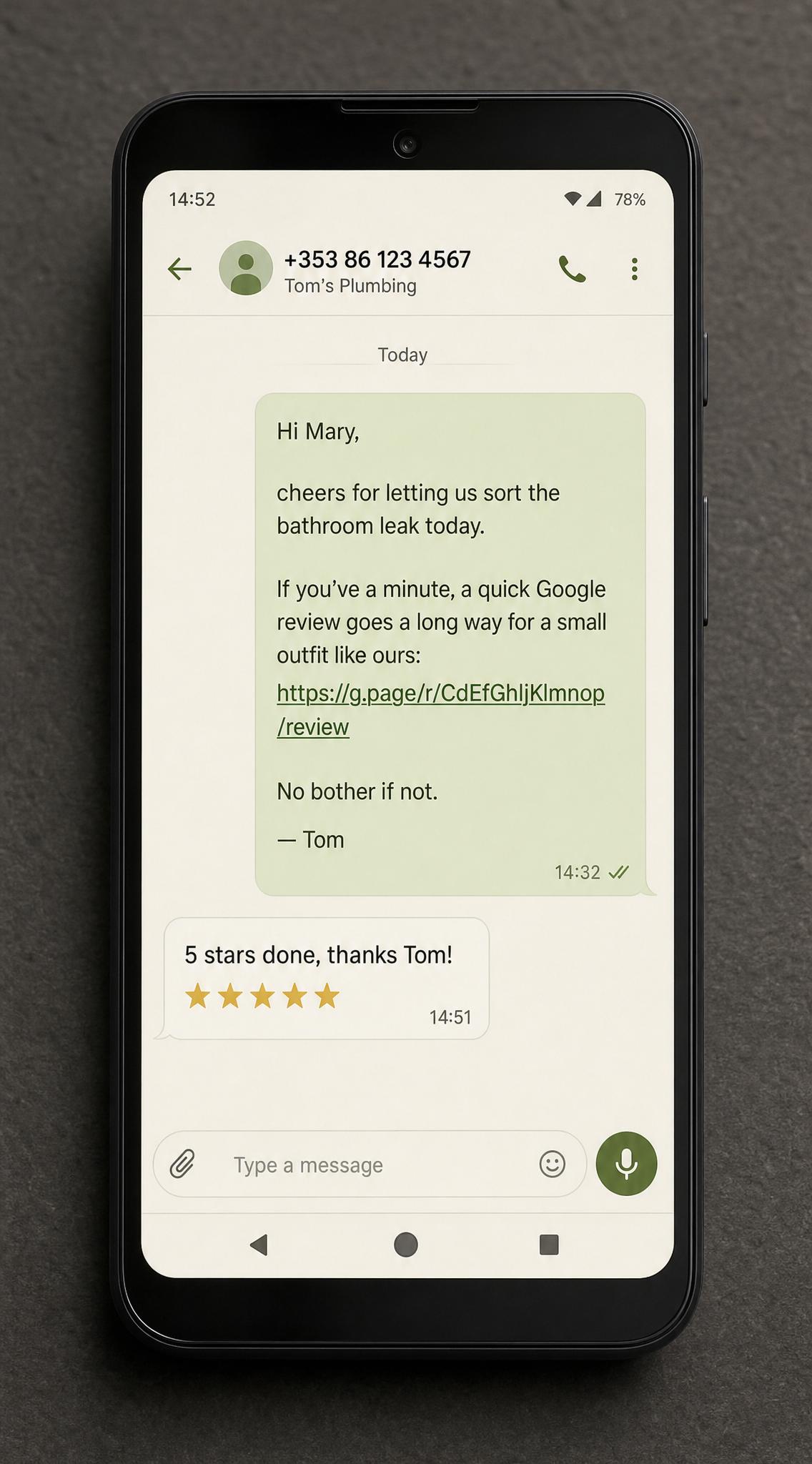 A text-message thread between a tradesperson and a customer asking for a Google review.